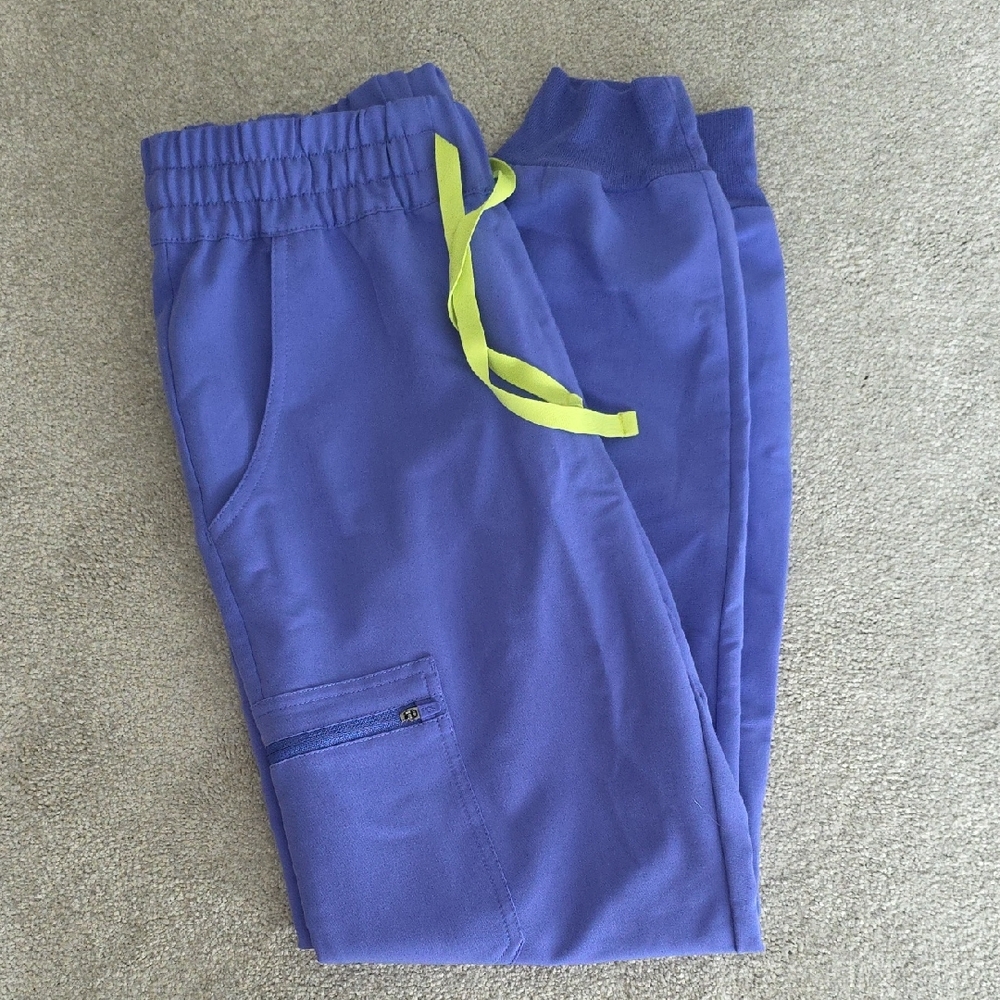Figs Blue Joggers with Neon Green Drawstring